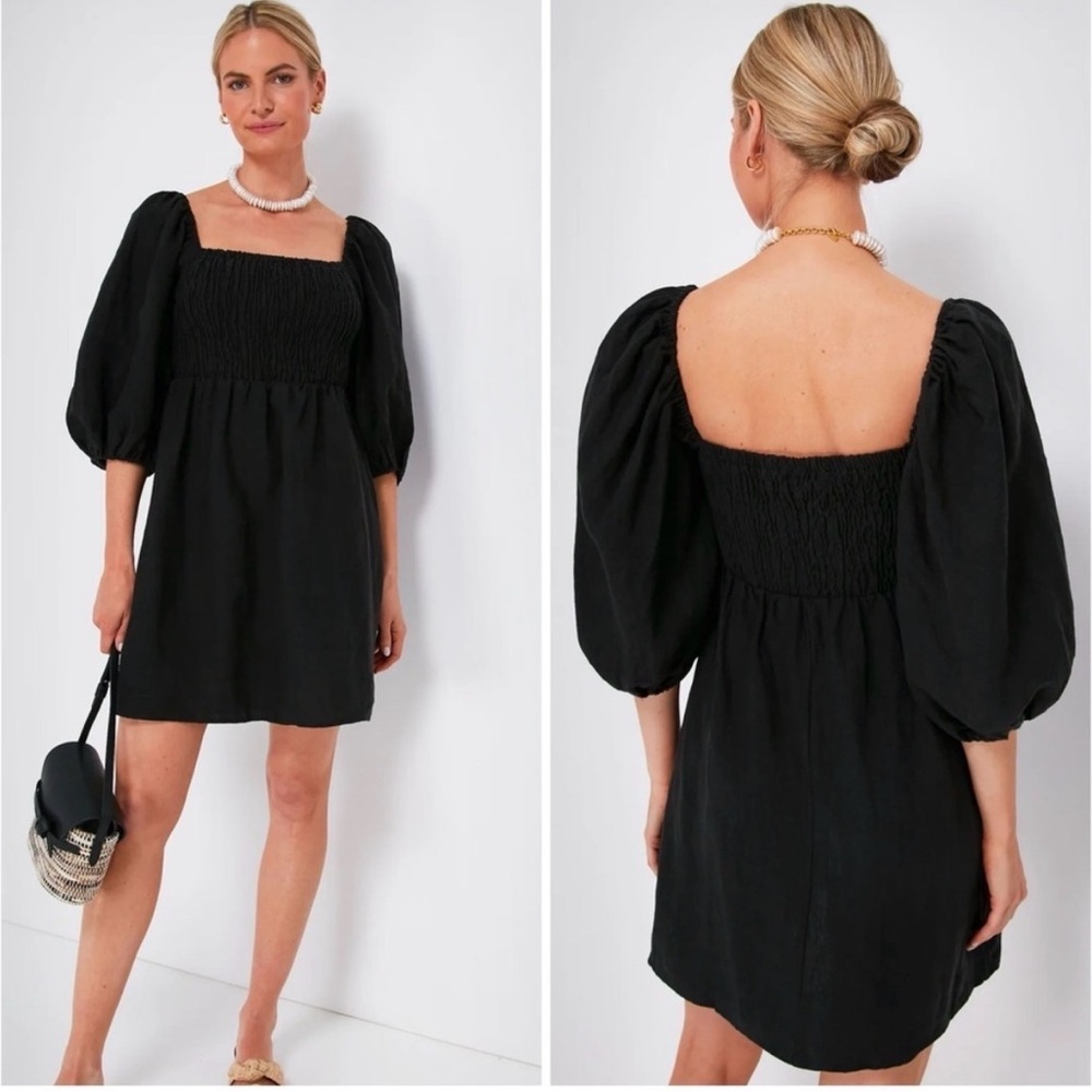 Tuckernuck Annie Smocked Mini Dress Black XS 100% Linen‎ Puff Sleeves Cocktail